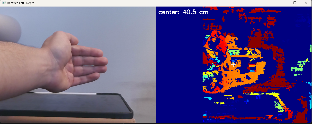 Rectified left camera view beside a color-coded depth map reading 40.5 cm at center