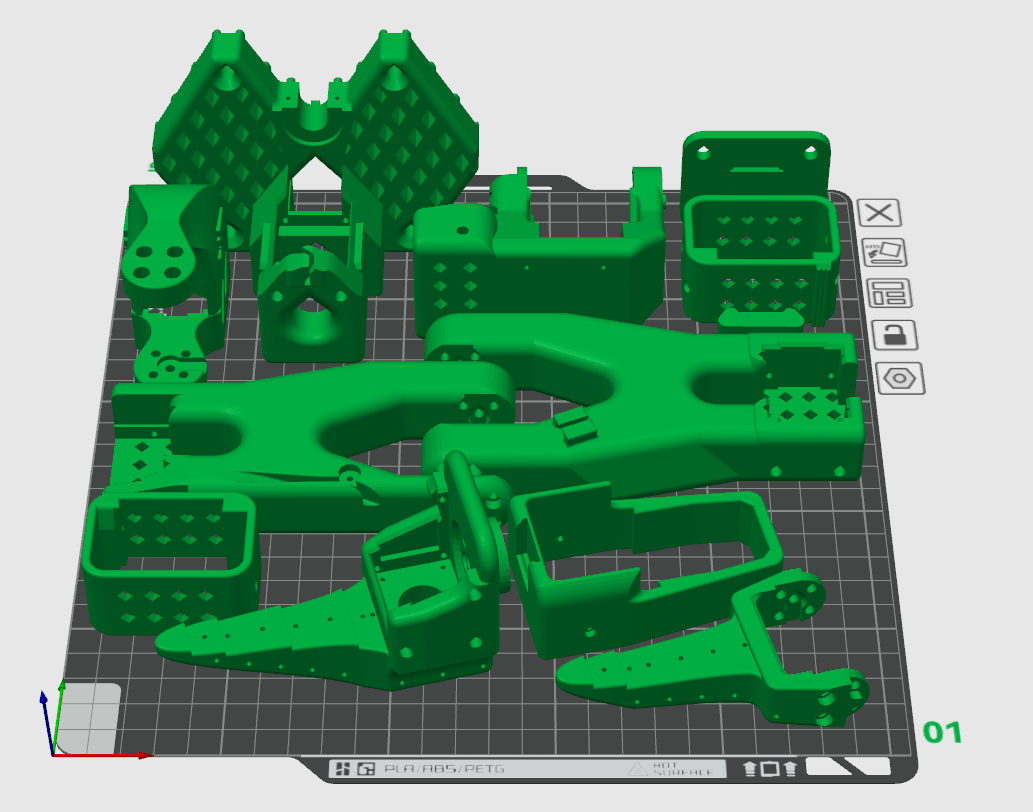 SO-101 parts arranged on the Bambu P1S print bed